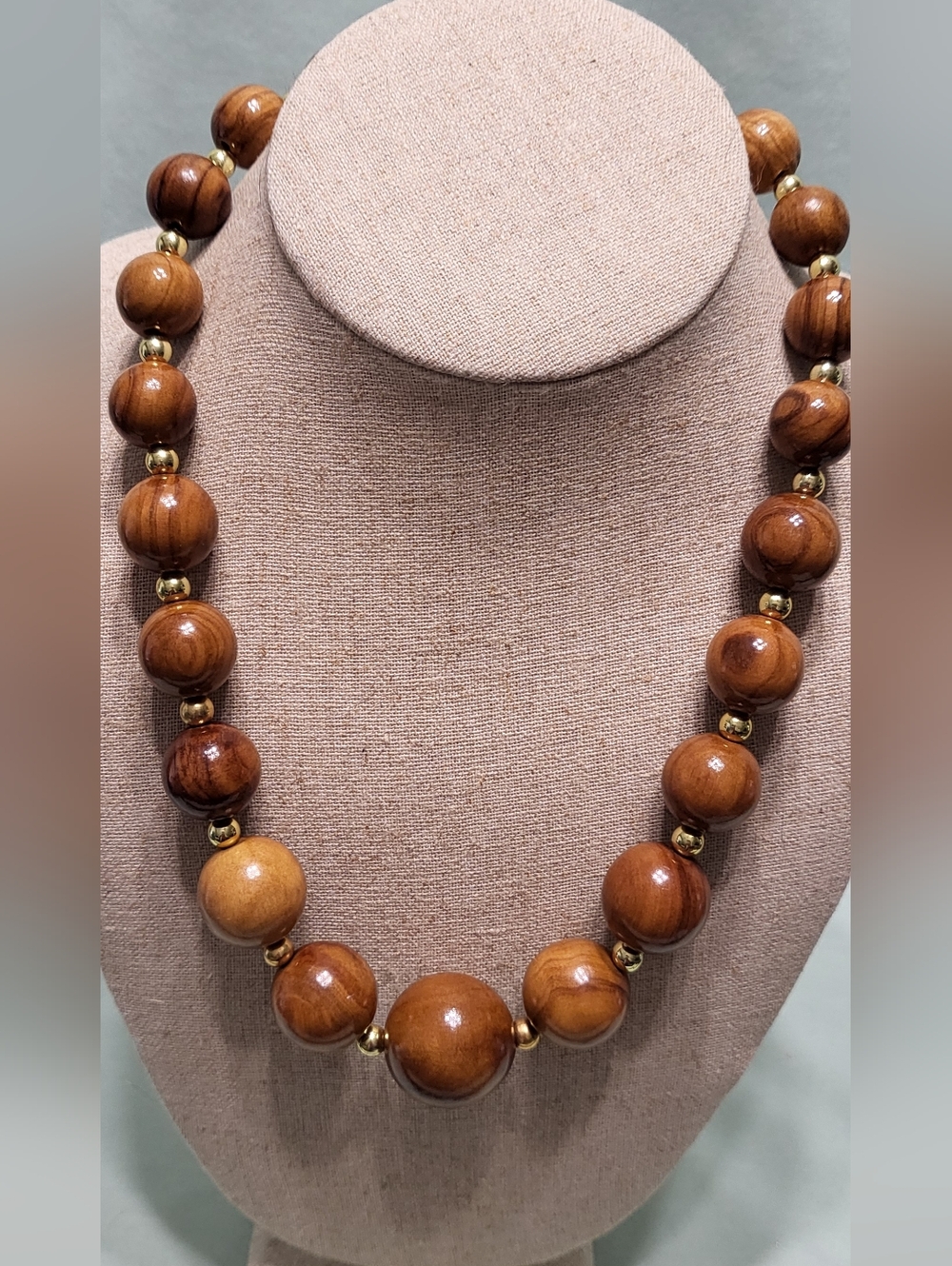 Polished Wood Bead Necklace with Gold Accents - Brown